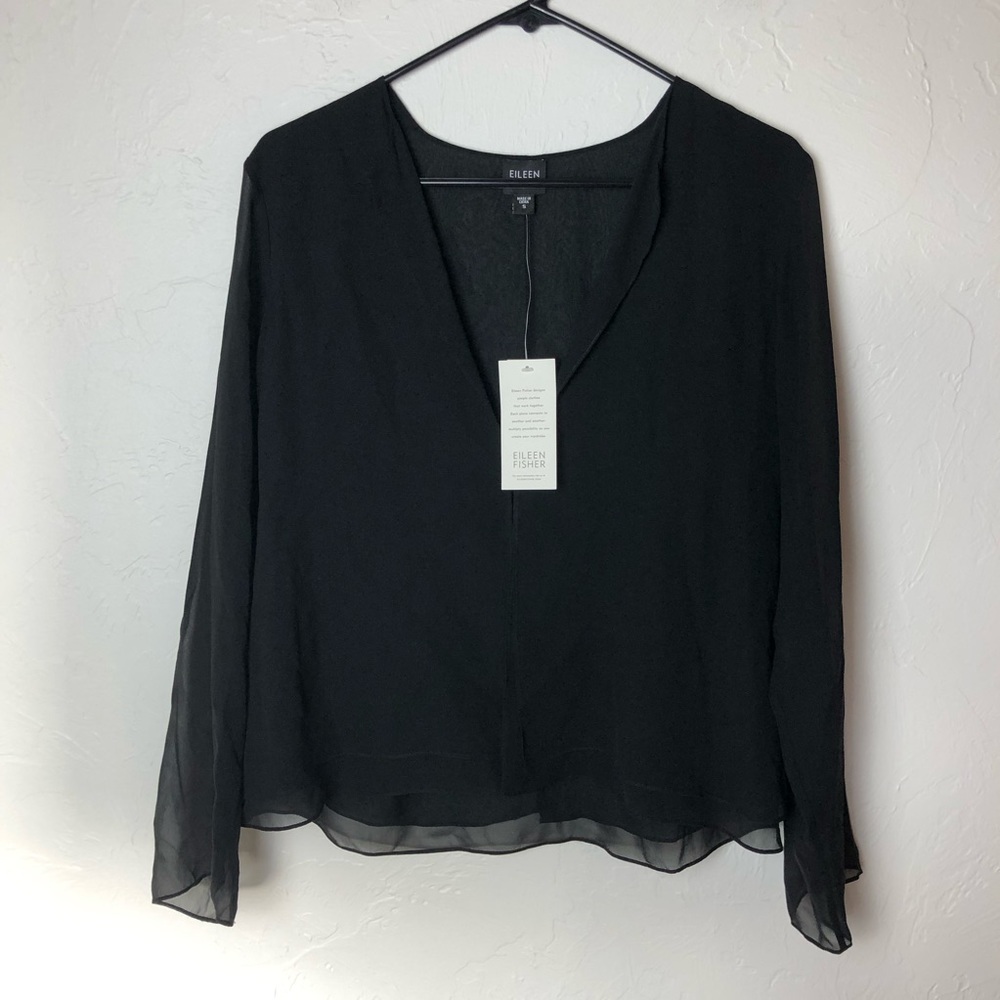 Eileen Fisher Women’s Small 100% Silk Sheer Layered Jacket Black NWT
